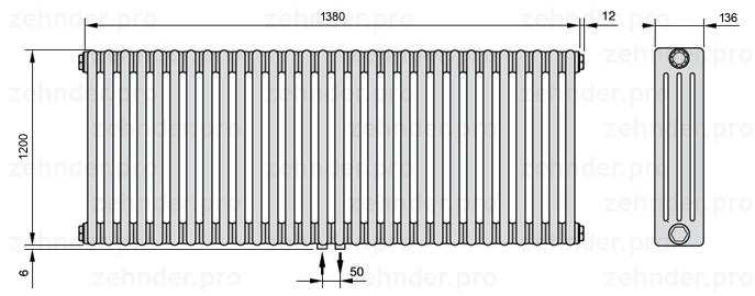 Схема (чертеж) Радиатор Zehnder Charleston 4120/30 №3470 Белый глянцевый RAL 9016